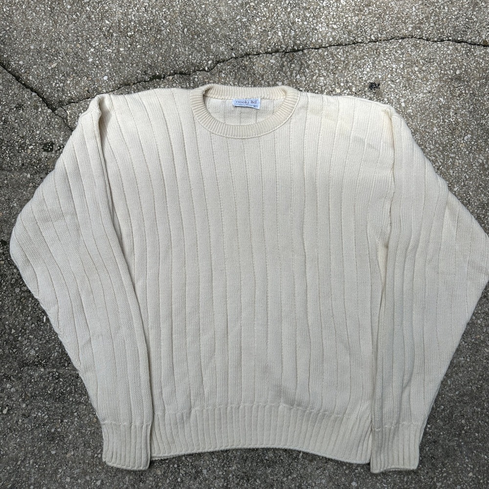 Vintage Neely Ltd Mens XL Cream Ribbed Knit Crewneck Sweater Made in USA